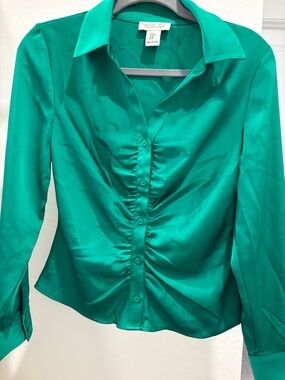 Rachel Zoe Teal Green Ruched Button-Down Silk Blouse